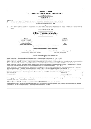 Thumbnail Viking Therapeutics
 10-K Annual Report 2018