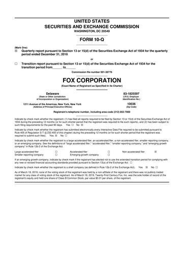 Thumbnail Fox Corporation 10-Q Quarterly Report FY2019 