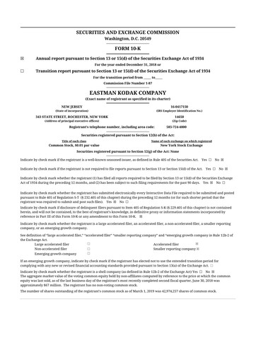 Thumbnail Eastman Kodak Company 10-K Annual Report 2018