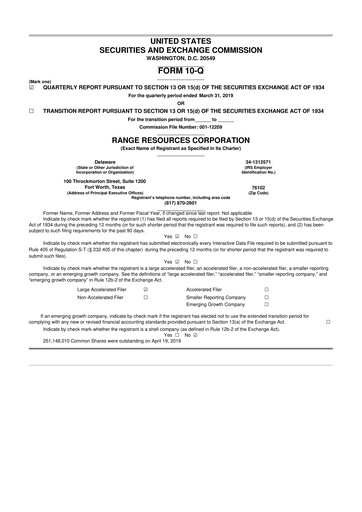 Thumbnail Range Resources
 10-Q Quarterly Report FY2019 