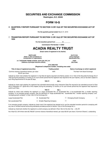 Thumbnail Acadia Realty Trust
 10-Q Quarterly Report FY2019 