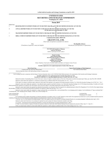 Thumbnail Gravity Co. 20-F Annual Report 2018