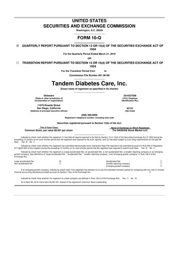 Thumbnail Tandem Diabetes Care
 10-Q Quarterly Report FY2019 