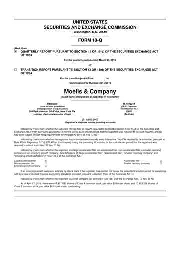 Miniature Moelis & Company 10-Q Rapport trimestriel 2019 