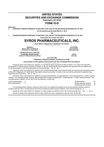 Vorschaubild Syros Pharmaceuticals
 10-Q Quartalsbericht 2019 