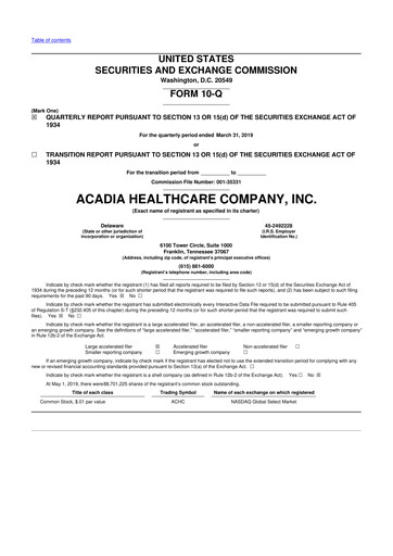 Thumbnail Acadia Healthcare
 10-Q Quarterly Report FY2019 