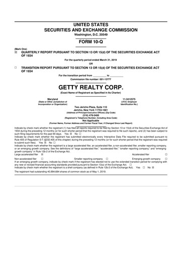 Thumbnail Getty Realty 10-Q Quarterly Report FY2019 