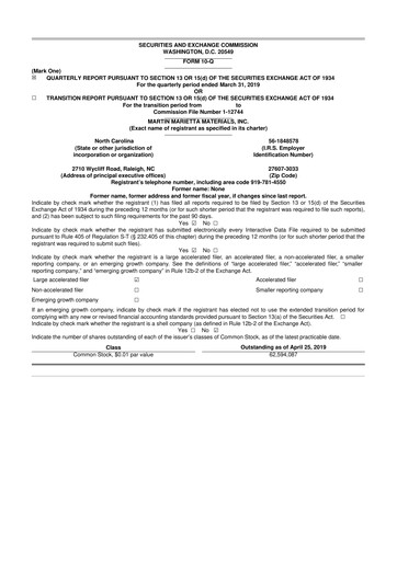 Thumbnail Martin Marietta Materials 10-Q Quarterly Report FY2019 