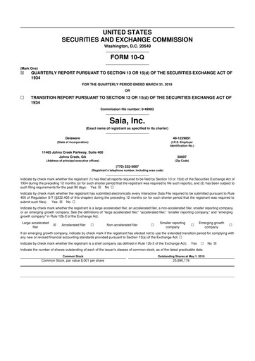 Thumbnail Saia
 10-Q Quarterly Report FY2019 