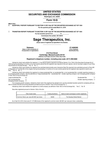 Thumbnail Sage Therapeutics
 10-Q Quarterly Report FY2019 