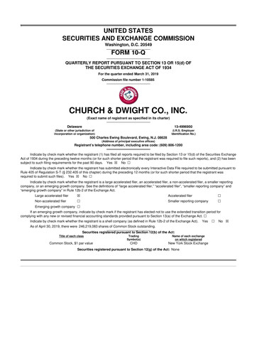 Thumbnail Church & Dwight
 10-Q Quarterly Report FY2019 