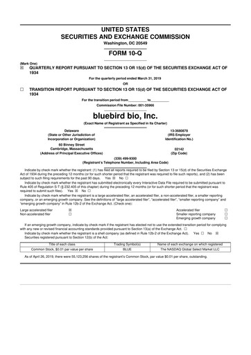 Thumbnail bluebird bio
 10-Q Quarterly Report FY2019 