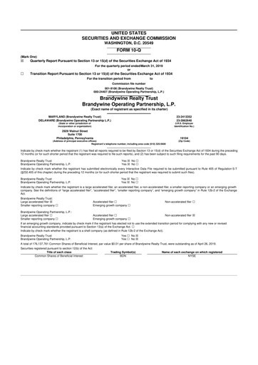 Thumbnail Brandywine Realty Trust
 10-Q Quarterly Report FY 