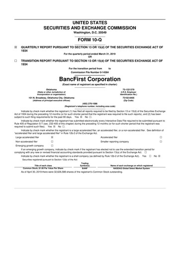 Thumbnail BancFirst 10-Q Quarterly Report FY 