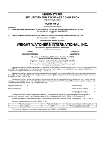 Thumbnail Weight Watchers 10-Q Quarterly Report FY2019 