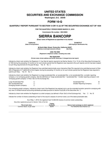 Thumbnail Sierra Bancorp
 10-Q Quarterly Report FY2019 