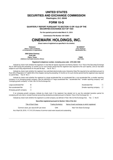 Thumbnail Cinemark Theatres
 10-Q Quarterly Report FY2019 