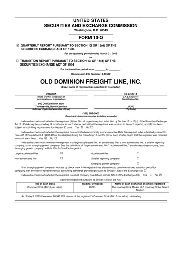 Thumbnail Old Dominion Freight Line
 10-Q Quarterly Report FY2019 