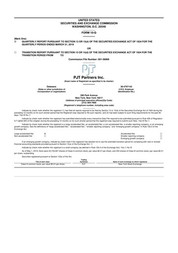 Miniature PJT Partners
 10-Q Rapport trimestriel 2019 