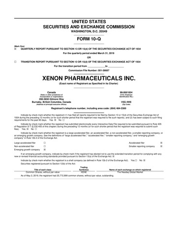 Thumbnail Xenon Pharmaceuticals 10-Q Quarterly Report FY2019 