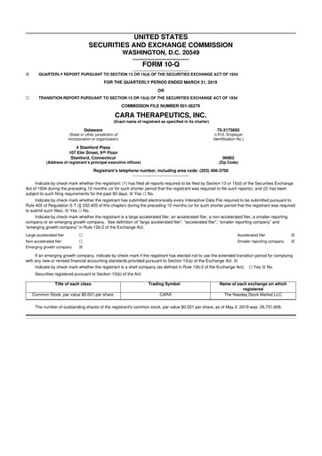 Thumbnail Cara Therapeutics
 10-Q Quarterly Report FY2019 