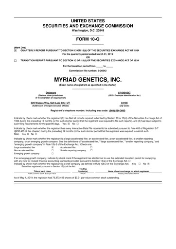 Thumbnail Myriad Genetics 10-Q Quarterly Report FY2019 