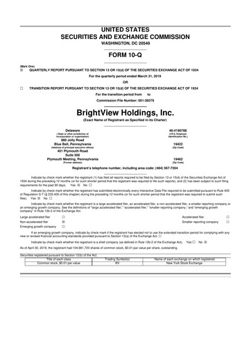 Thumbnail BrightView
 10-Q Quarterly Report FY2019 