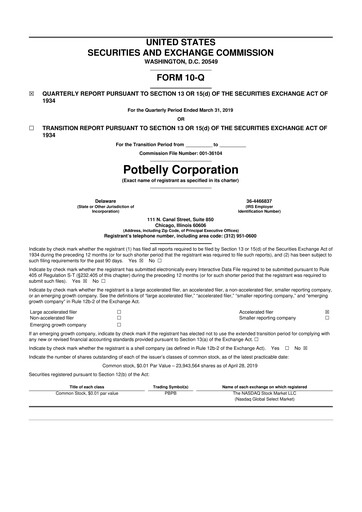 Thumbnail Potbelly Corporation 10-Q Quarterly Report FY2019 