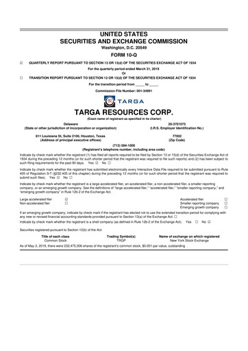 Thumbnail Targa Resources
 10-Q Quarterly Report FY2019 