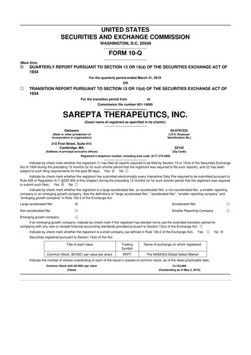 Thumbnail Sarepta Therapeutics
 10-Q Quarterly Report FY2019 