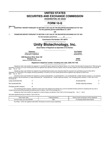 Thumbnail Unity Biotechnology
 10-Q Quarterly Report FY2019 
