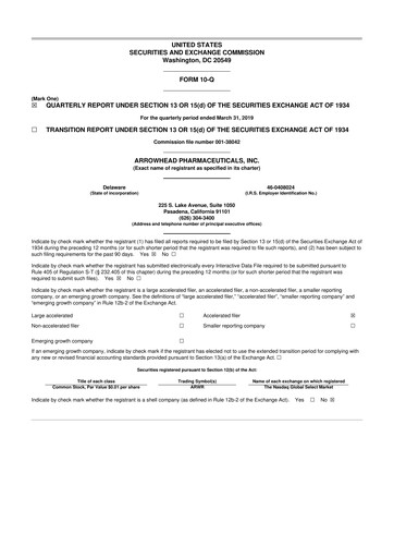 Thumbnail Arrowhead Pharmaceuticals
 10-Q Quarterly Report FY2019 
