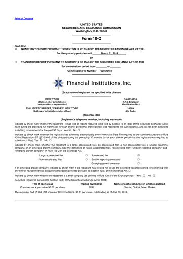 Thumbnail Financial Institutions 10-Q Quarterly Report FY2019 