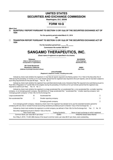 Thumbnail Sangamo Therapeutics
 10-Q Quarterly Report FY2019 