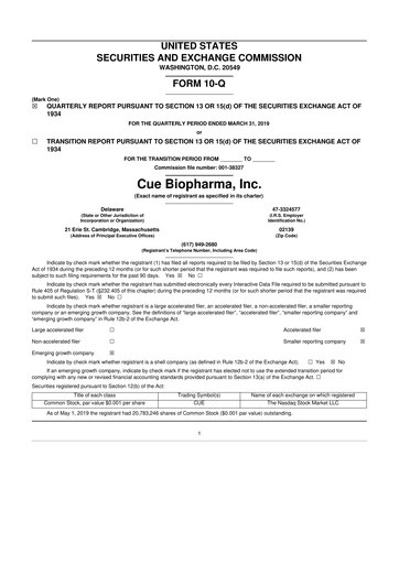 Miniature Cue Biopharma 10-Q Rapport trimestriel 2019 
