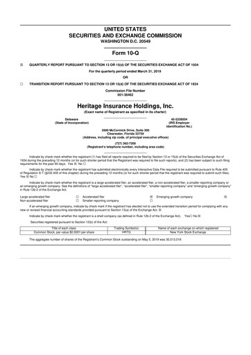 Miniature Heritage Insurance 10-Q Rapport trimestriel 2019 