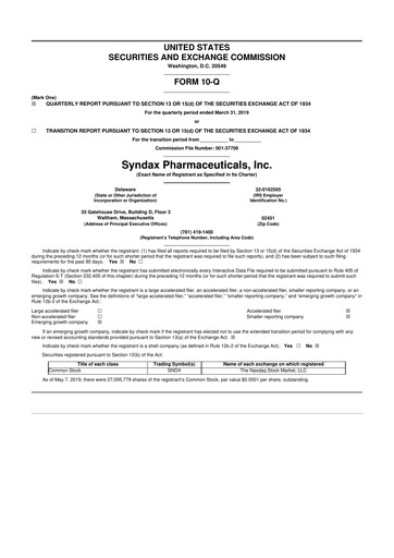 Thumbnail Syndax Pharmaceuticals 10-Q Quarterly Report FY2019 