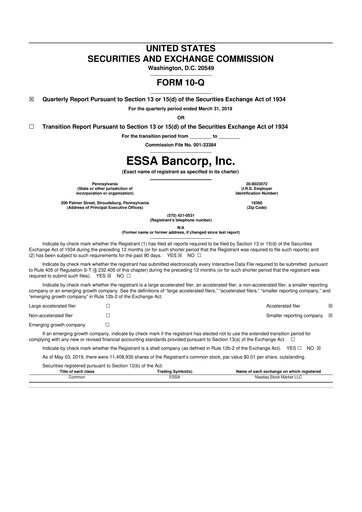 Thumbnail ESSA Bancorp 10-Q Quarterly Report FY2019 