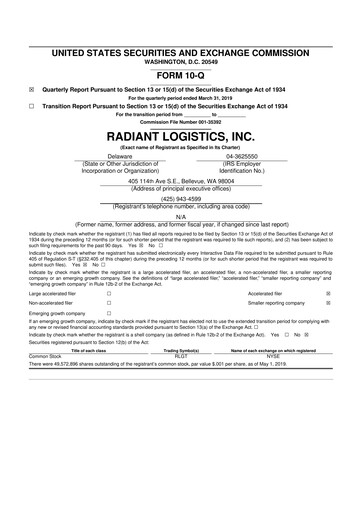 Thumbnail Radiant Logistics
 10-Q Quarterly Report FY2019 