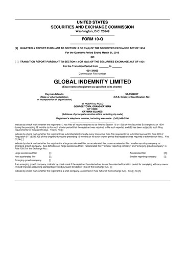 Thumbnail Global Indemnity 10-Q Quarterly Report FY2019 