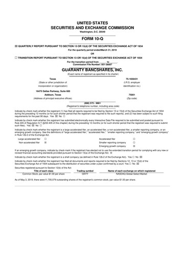 Thumbnail Guaranty Bancshares 10-Q Quarterly Report FY2019 