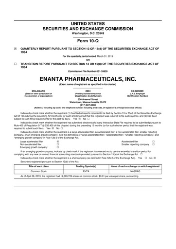 Thumbnail Enanta Pharmaceuticals
 10-Q Quarterly Report FY2019 