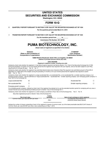 Miniature Puma Biotechnology 10-Q Rapport trimestriel 2019 