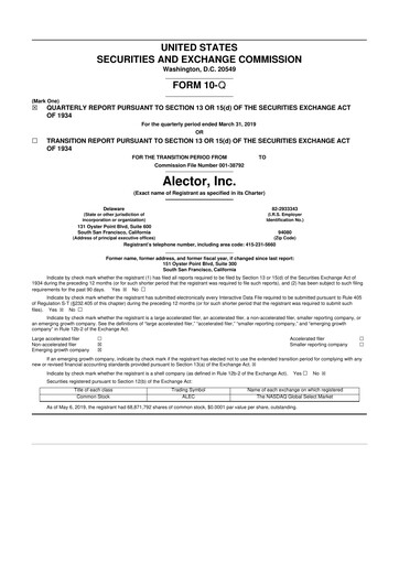 Thumbnail Alector
 10-Q Quarterly Report FY2019 