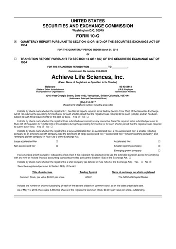 Thumbnail Achieve Life Sciences
 10-Q Quarterly Report FY2019 