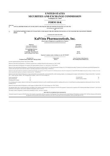 Thumbnail KalVista Pharmaceuticals 10-K Annual Report 2019