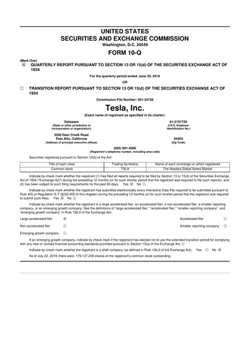 Miniature Tesla 10-Q Rapport trimestriel 2019 