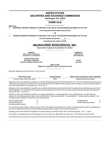 Thumbnail Neurocrine Biosciences
 10-Q Quarterly Report FY2019 