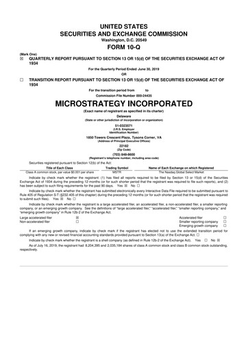 Miniature Strategy 
 (MicroStrategy) 10-Q Rapport trimestriel 2019 