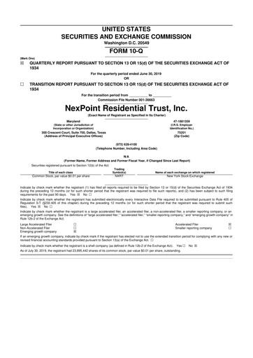 Thumbnail NexPoint Residential Trust 10-Q Quarterly Report FY2019 